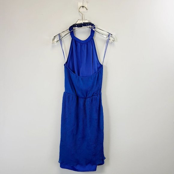 ZARA Dress Blue Mini SMALL Halter Beaded Open back Fit & Flare A-line Sparkle - Picture 8 of 10